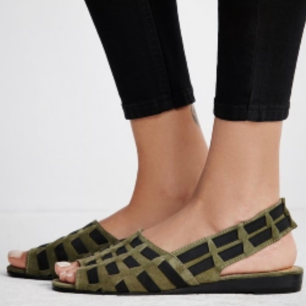 Free People Olive Green and Black Cutout Slingback Sandals suede